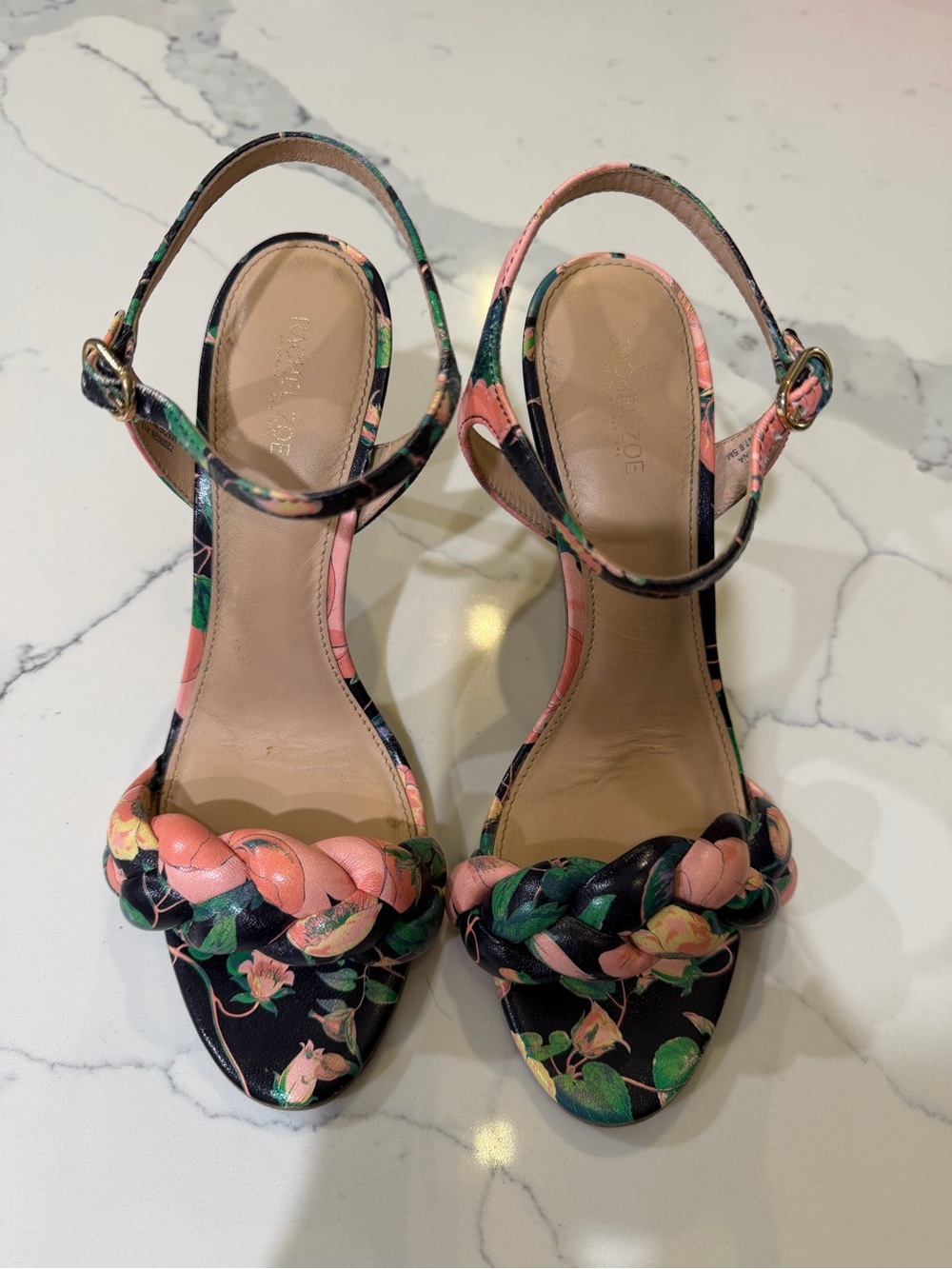 Rachel Zoe Floral Braided Ankle-Strap Heels - Pink & Green